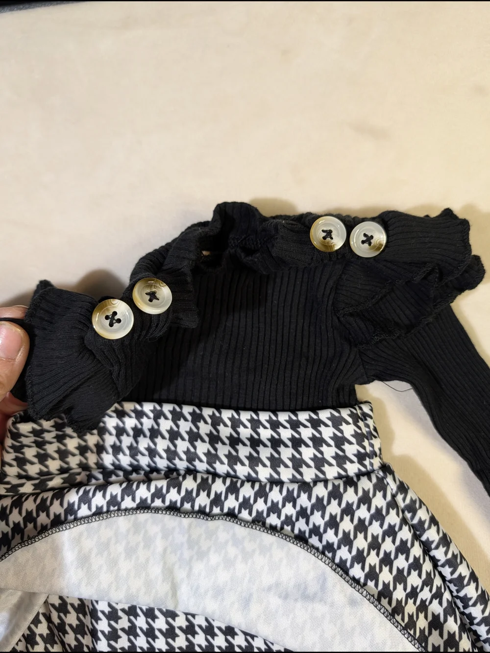 Black Ribbed Long Sleeve Bodysuit with Houndstooth Skirt